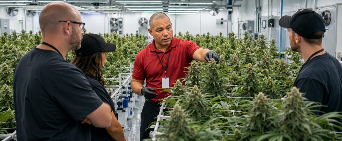 Devin Lockett training a team in the hydroponic cannabis cultivation grow